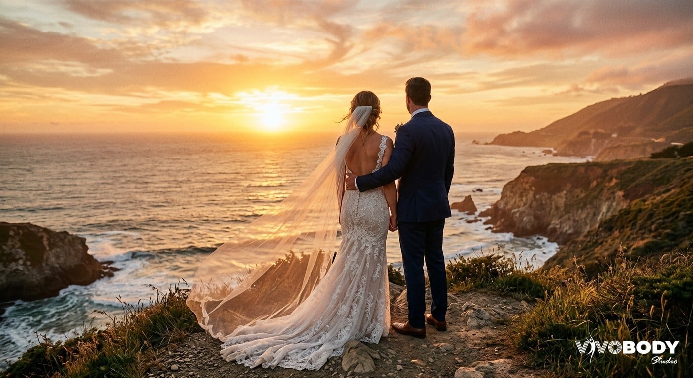 Bride and groom from behind in wedding attire at sunset