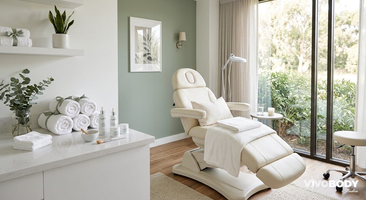 Clean modern aesthetic clinic treatment room prepared for a skin tightening session