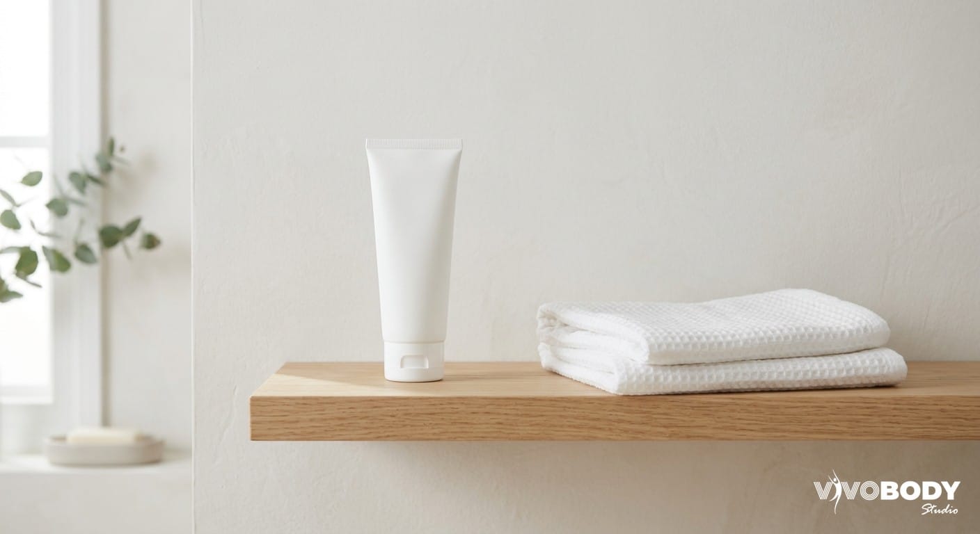 Gentle fragrance-free moisturiser and clean towel representing soothing post-HIFU skincare