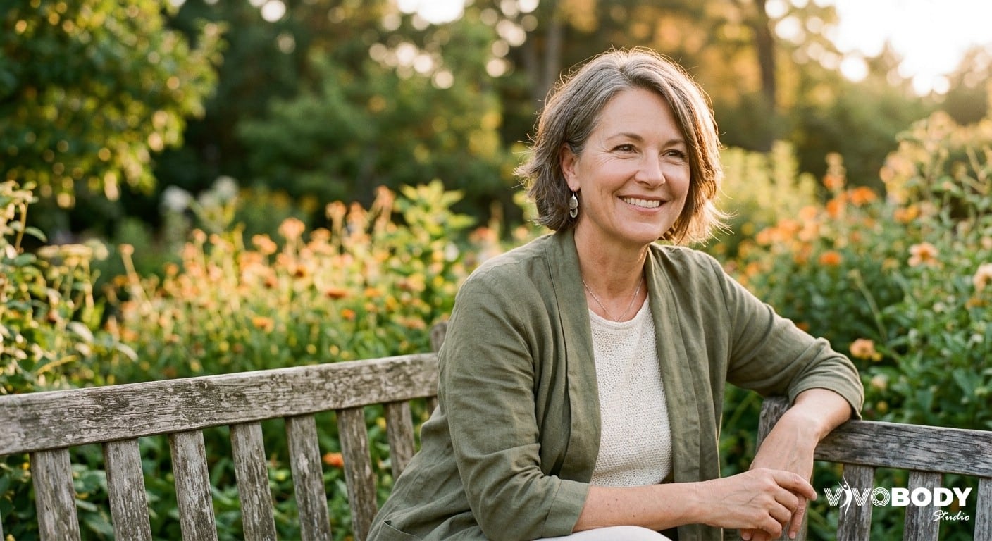A confident woman with healthy, glowing skin smiling in soft natural light