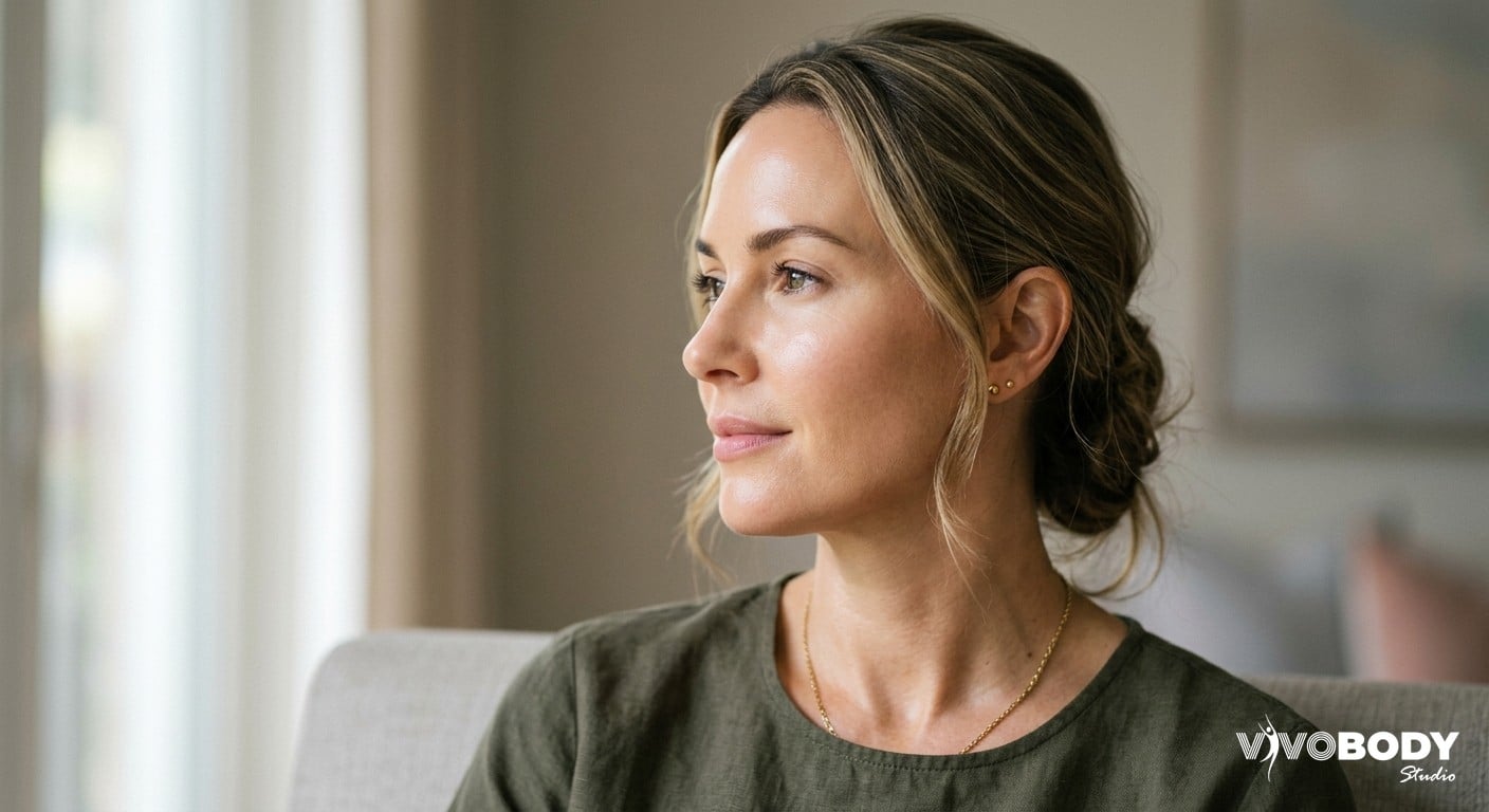 A woman with healthy, naturally radiant skin in soft natural light