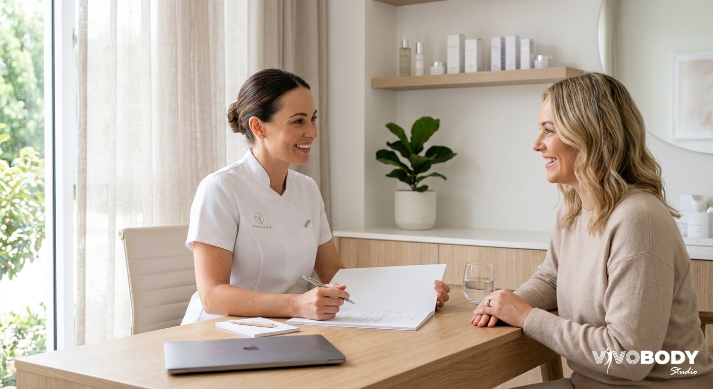 Aesthetic practitioner consulting with a client about skin tightening options