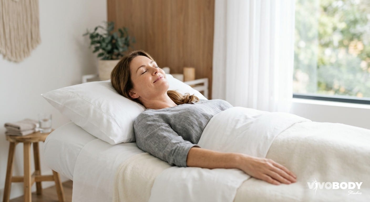 A woman relaxing during a non-invasive skin tightening treatment in a modern clinic