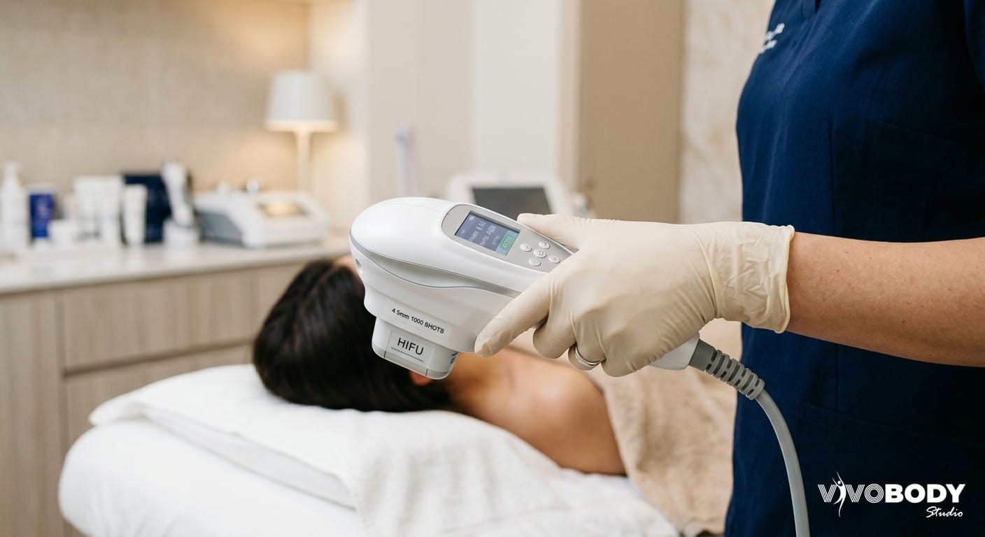 A HIFU handheld device used for non-surgical facial tightening in a clinic