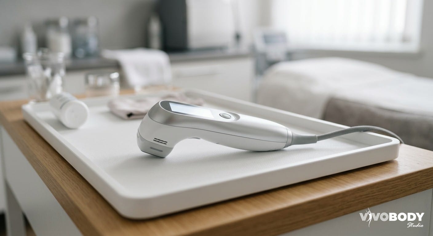 A hand-held cosmetic HIFU ultrasound applicator resting on a clean tray in a modern clinic