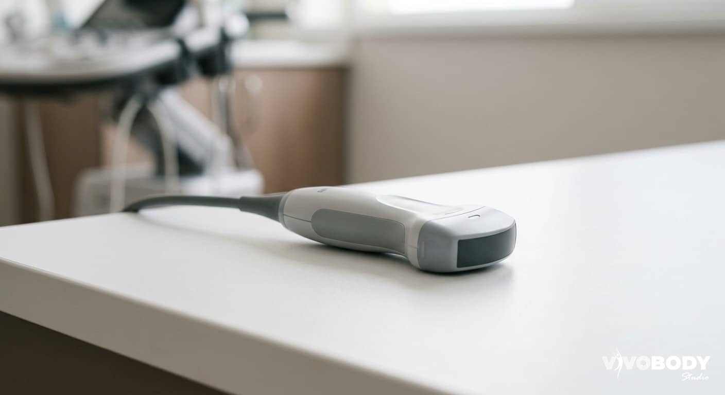 A modern HIFU ultrasound handpiece on a clean clinic surface