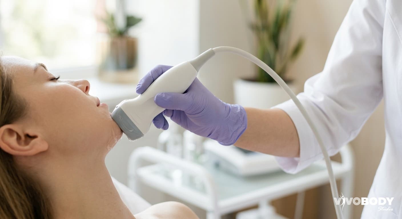 An aesthetic practitioner holding a HIFU ultrasound handpiece in a modern clinic setting