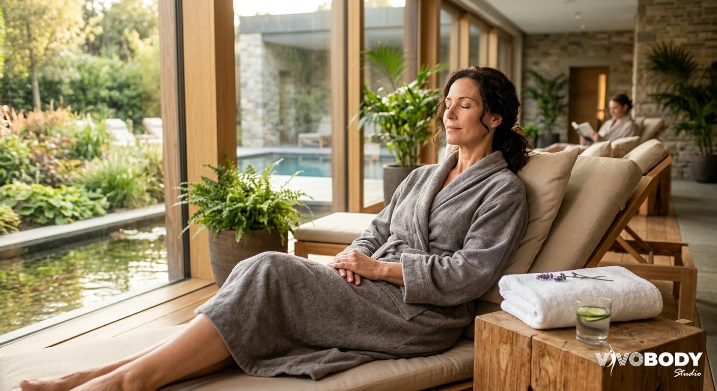 A relaxed woman with a defined jawline in a bright, modern clinic setting