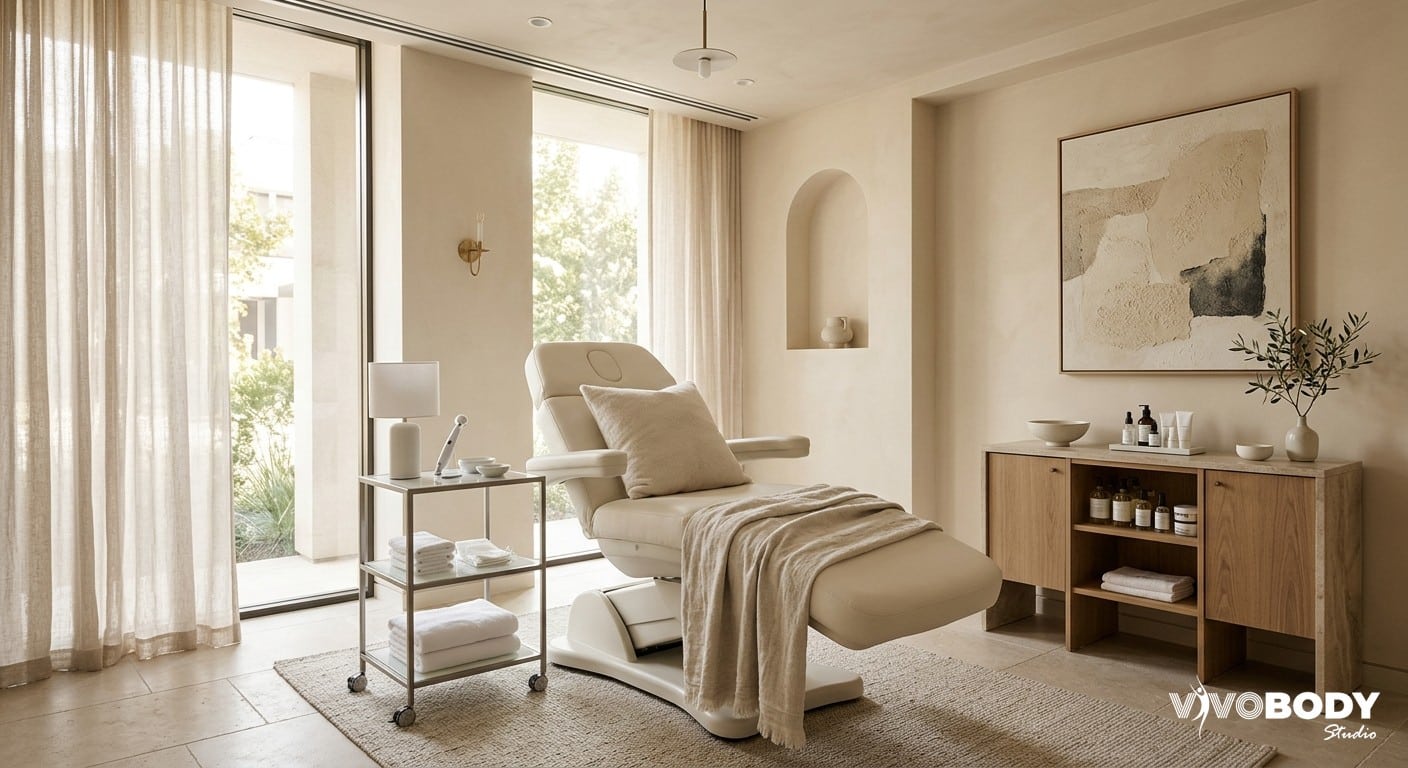 A calm, modern aesthetic clinic treatment room with a reclining chair and soft natural light