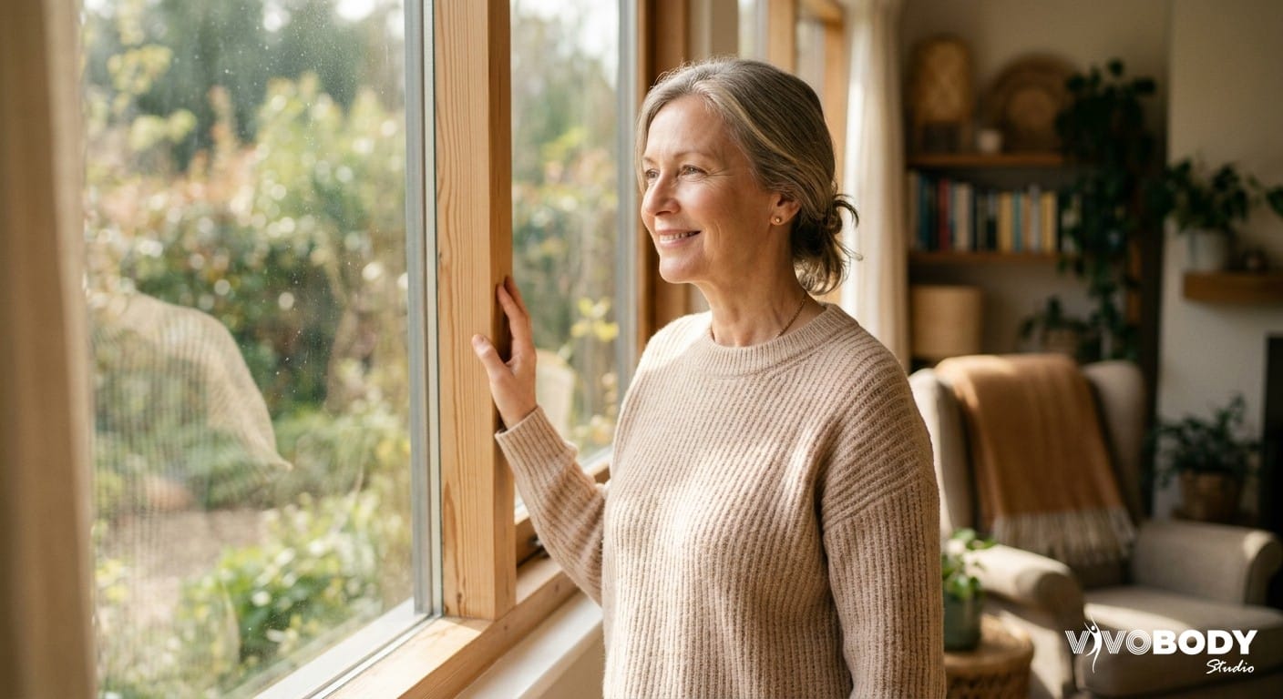 A relaxed mature woman with healthy skin enjoying natural light by a window