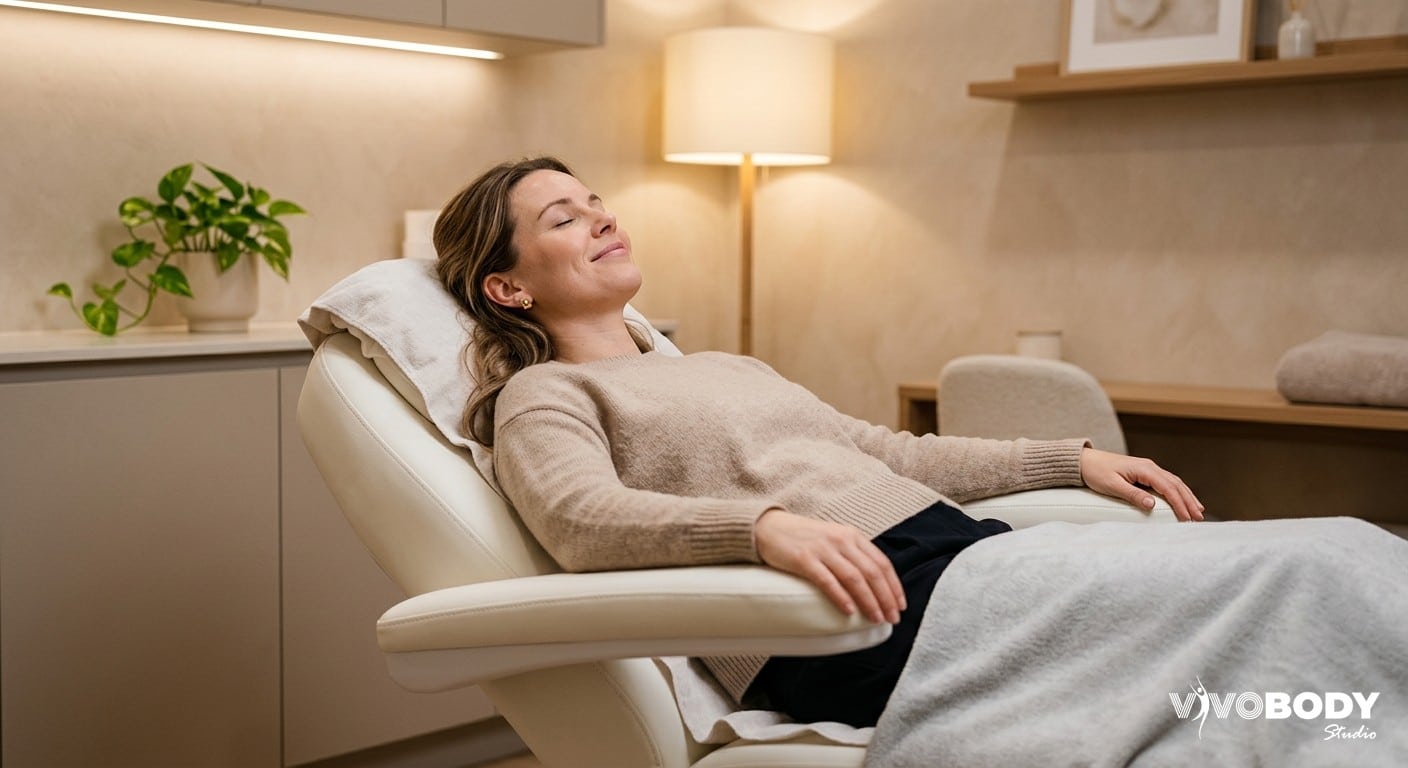 A relaxed client reclining comfortably with eyes closed in a calm aesthetic clinic