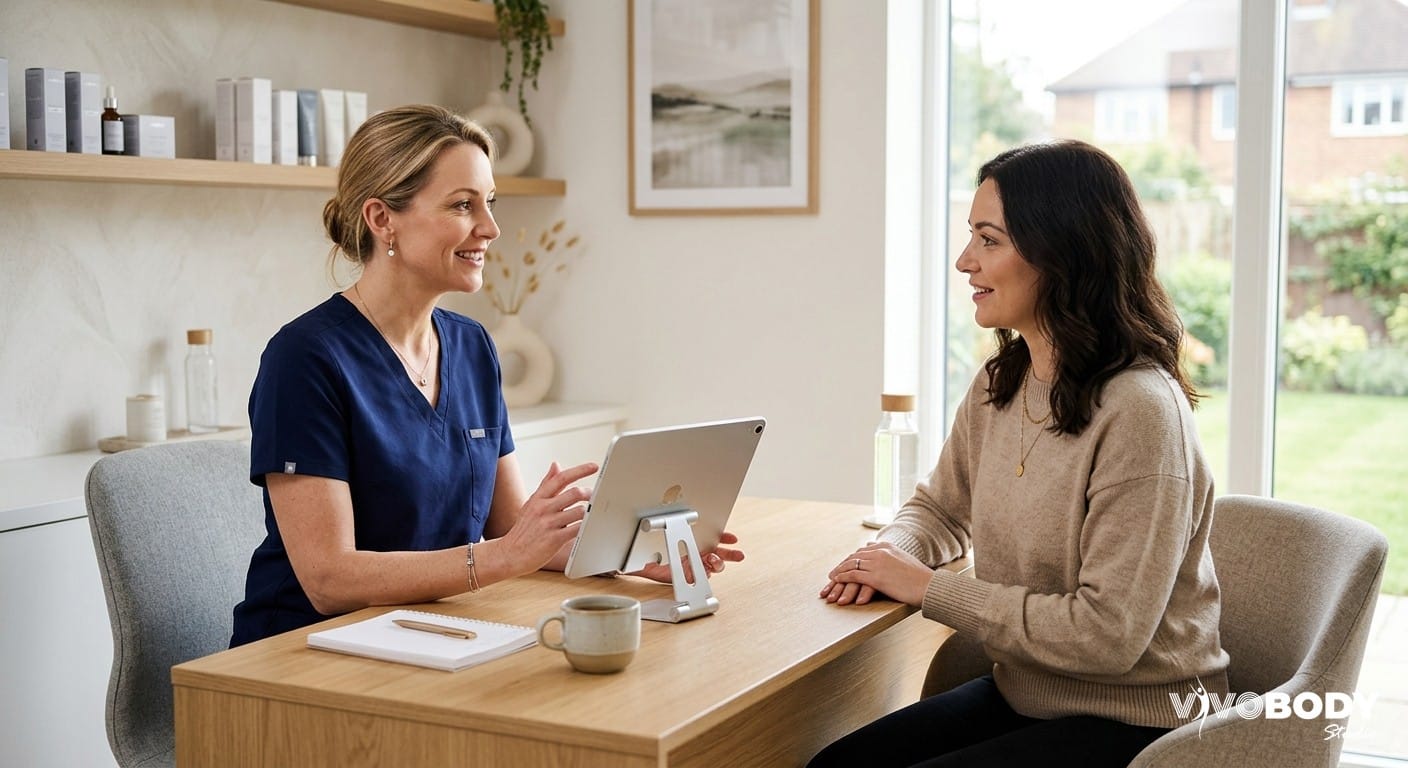 A clinician discussing treatment options with a client during a consultation