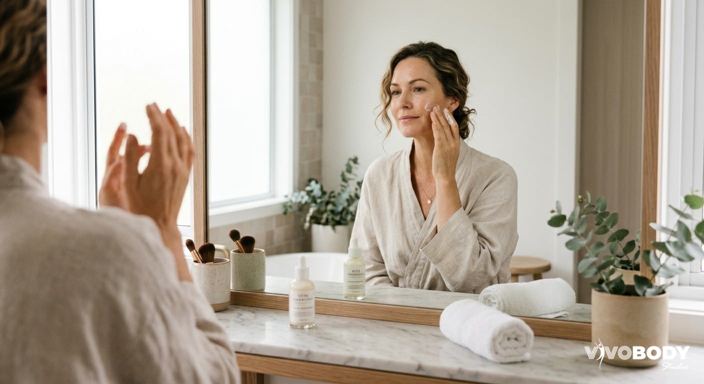 Woman applying skincare in front of a mirror during her morning routine