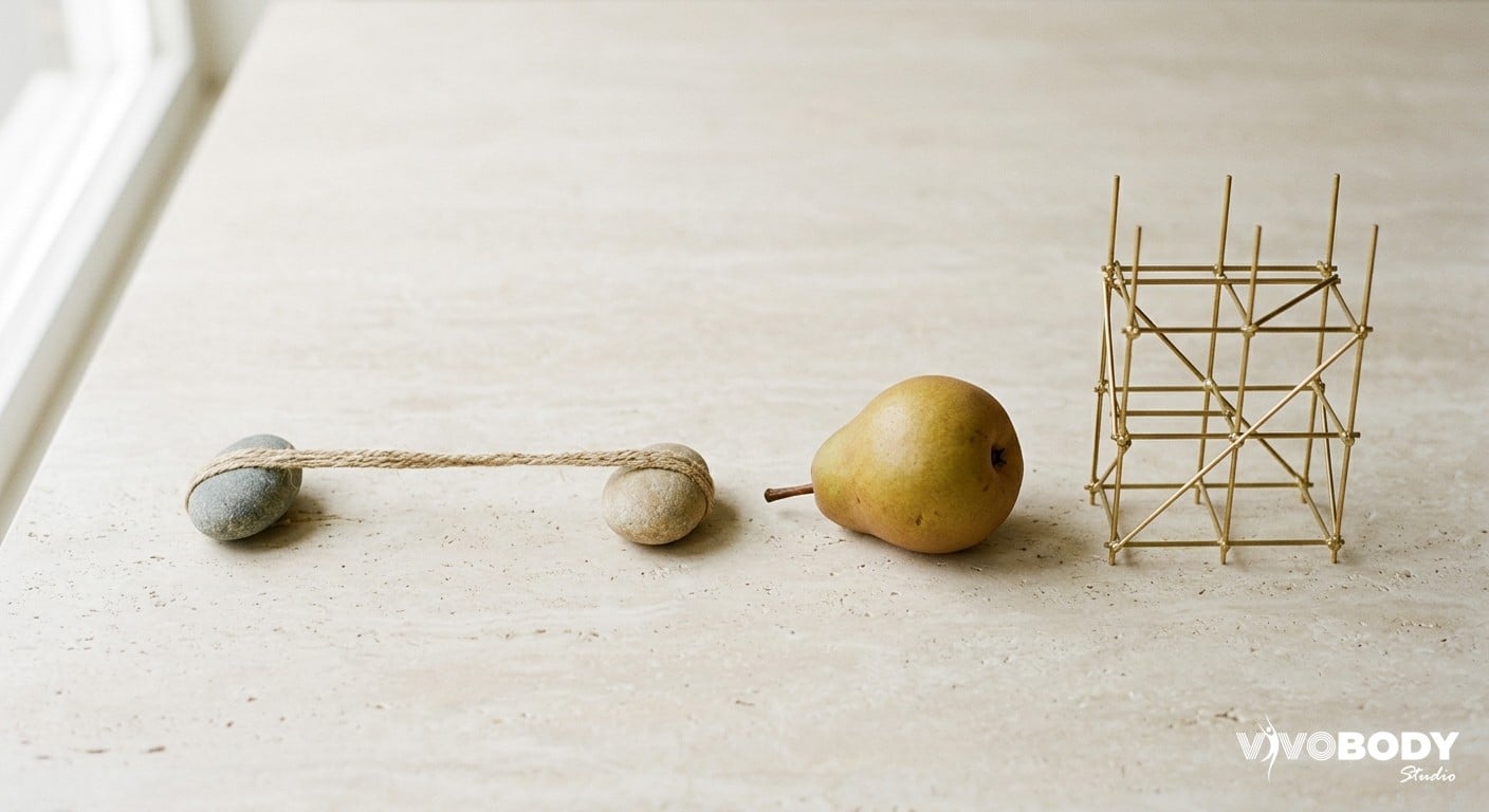 Flat-lay of taut twine, a firm pear and a small brass scaffold representing structural skin support