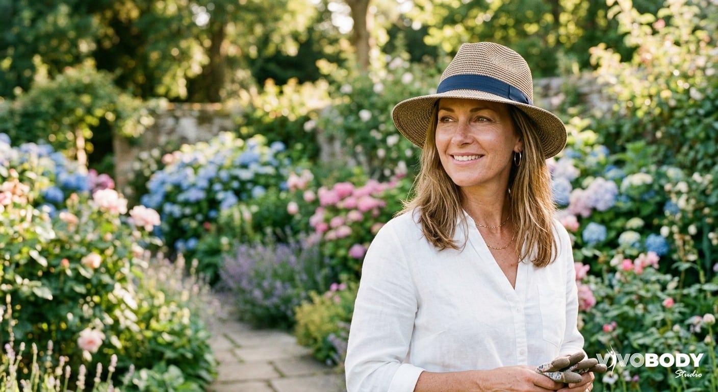 Woman with healthy skin wearing a sun hat outdoors, illustrating long-term sun protection after HIFU