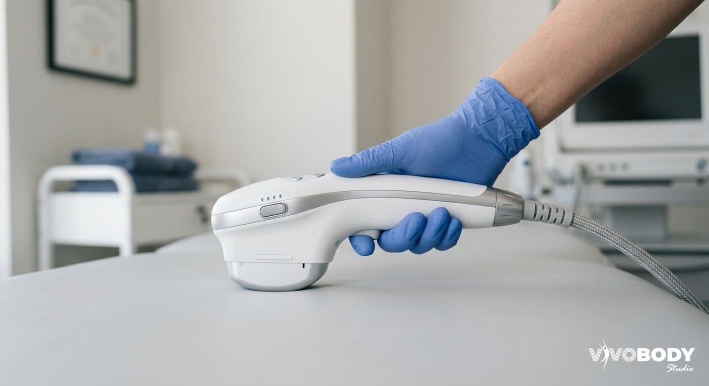 A professional ultrasound skin-tightening handpiece in a modern clinic setting