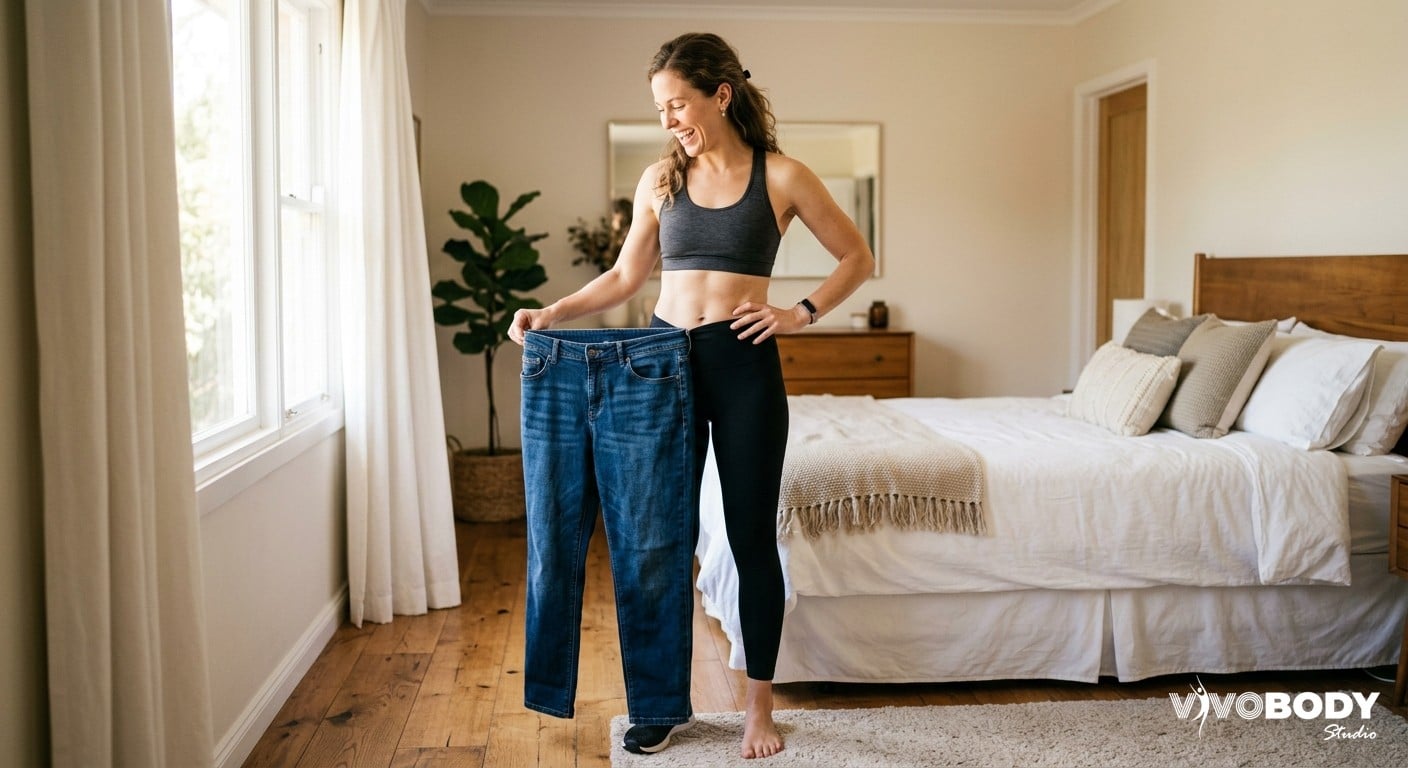 Woman holding loose-fitting jeans after weight loss, illustrating changes in body shape