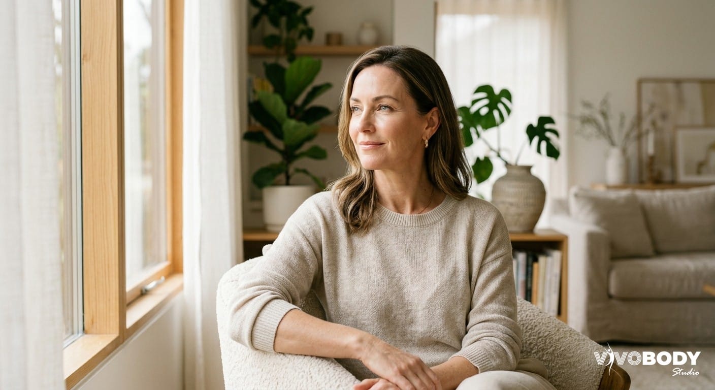 A woman with healthy, glowing skin in a bright modern setting