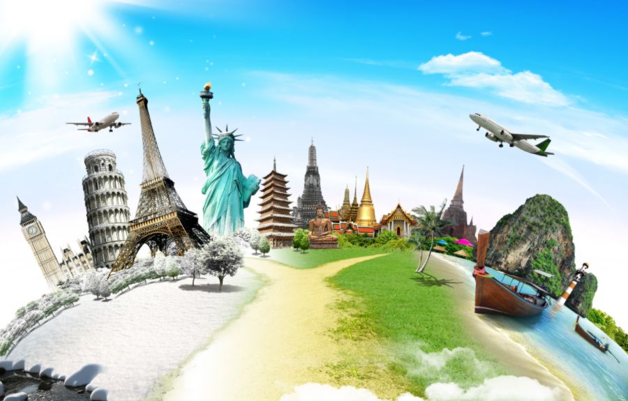 Illustration of Famous Monuments with Plane Flying Over them