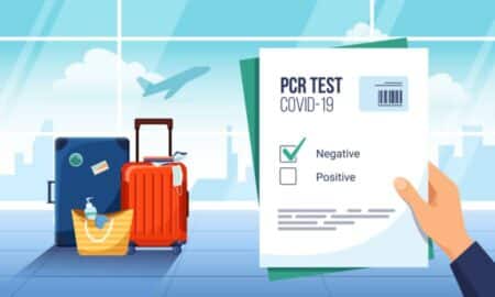 Illustration of PCR Test Result with an Airport in the Background