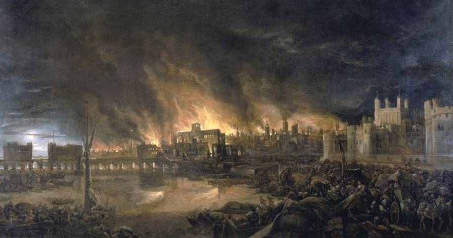 A 1675 depiction of The Great Fire of London, by an unknown painter