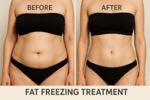 Fat freezing before and after showing visible tummy fat reduction.